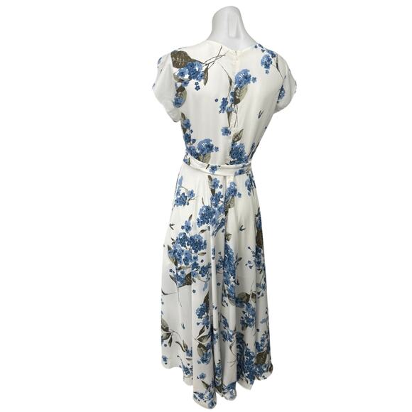 Lulus Women's White Blue Floral Short Sleeve Tie Waist Maxi Wrap Dress Size M - Picture 3 of 6
